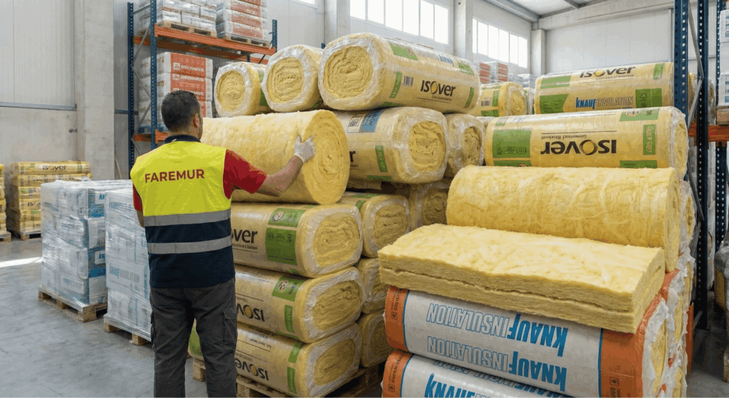Detalle de aplicación de lanas minerales de vidrio en tabiquería técnica por profesional de FAREMUR.